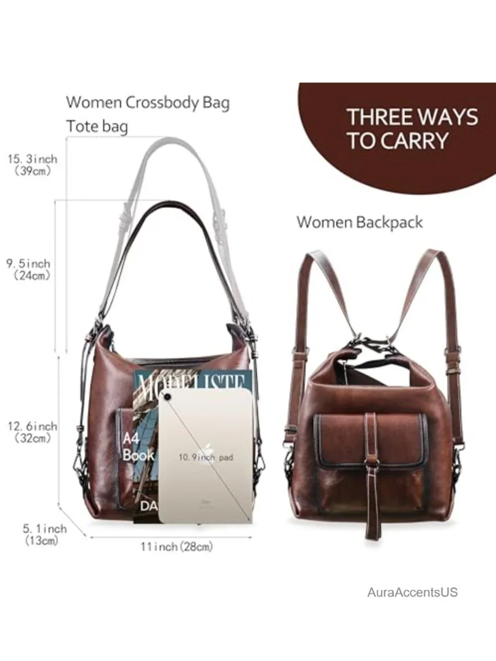 Genuine Leather Convertible Hobo Crossbody Backpack 3-in-1 Purse